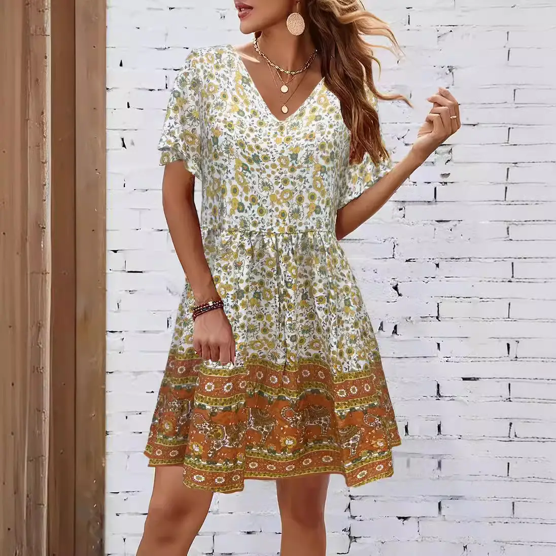 Women Printed V-Neck Dress Floral Brown Patterned - Image 6