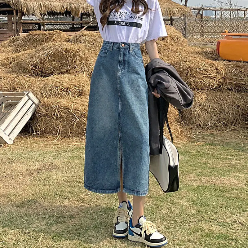Women Denim Split Skirt High Waist A-Shape Summer - Image 3