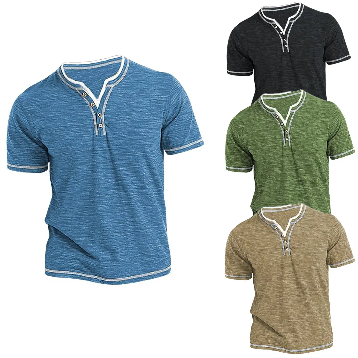 Men V-Neck Blue Cotton T-Shirt Small - Image 5