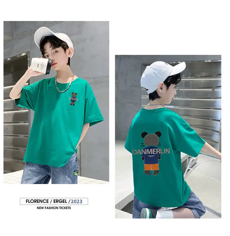Boys Cotton Cartoon T-Shirt Green Mid Big — feature 14
