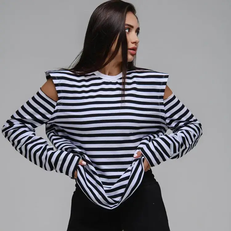 Women Striped Cold Shoulder Top Long Sleeve Off-Shoulder - Image 2