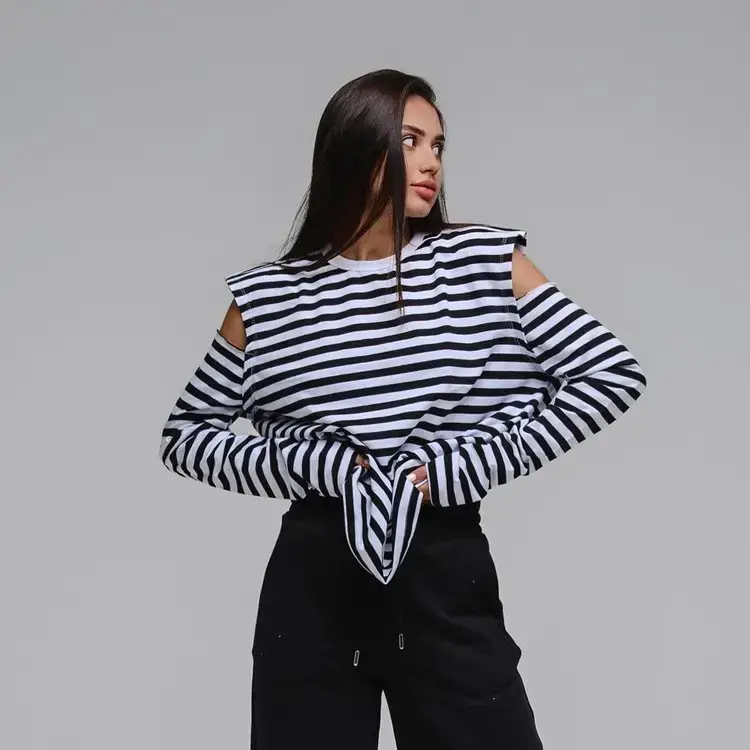 Women Striped Cold Shoulder Top Long Sleeve Off-Shoulder - Image 3