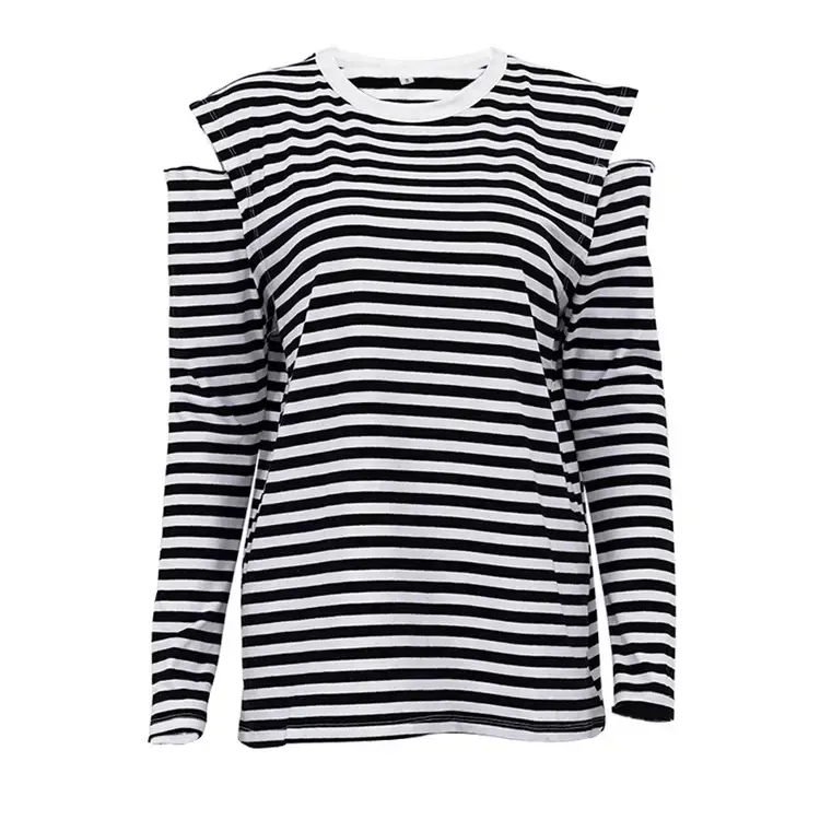 Women Striped Cold Shoulder Top Long Sleeve Off-Shoulder - Image 4