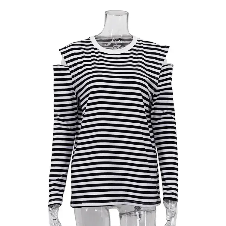 Women Striped Cold Shoulder Top Long Sleeve Off-Shoulder — feature 6