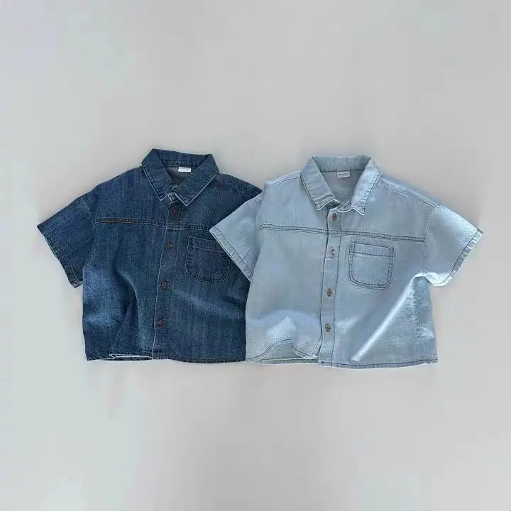 Light Blue Denim Pocket Shirt Shorts Set for Boys Girls Summer - Image 3