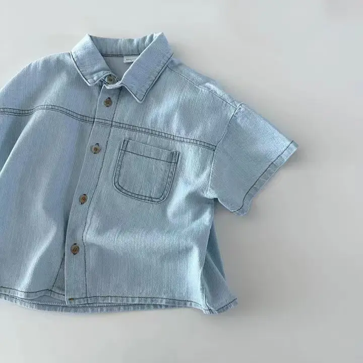 Light Blue Denim Pocket Shirt Shorts Set for Boys Girls Summer - Image 5