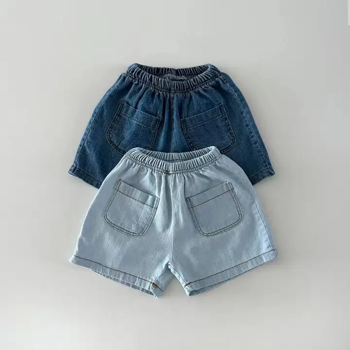 Light Blue Denim Pocket Shirt Shorts Set for Boys Girls Summer — feature 2