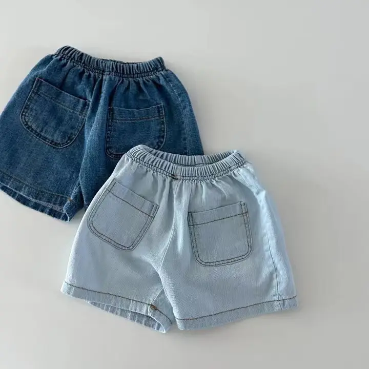 Light Blue Denim Pocket Shirt Shorts Set for Boys Girls Summer — feature 4