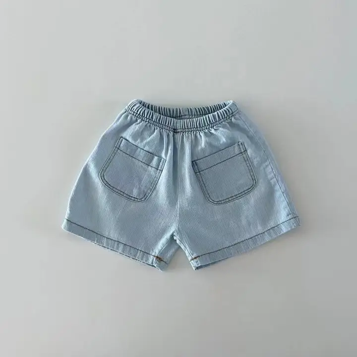 Light Blue Denim Pocket Shirt Shorts Set for Boys Girls Summer — feature 6