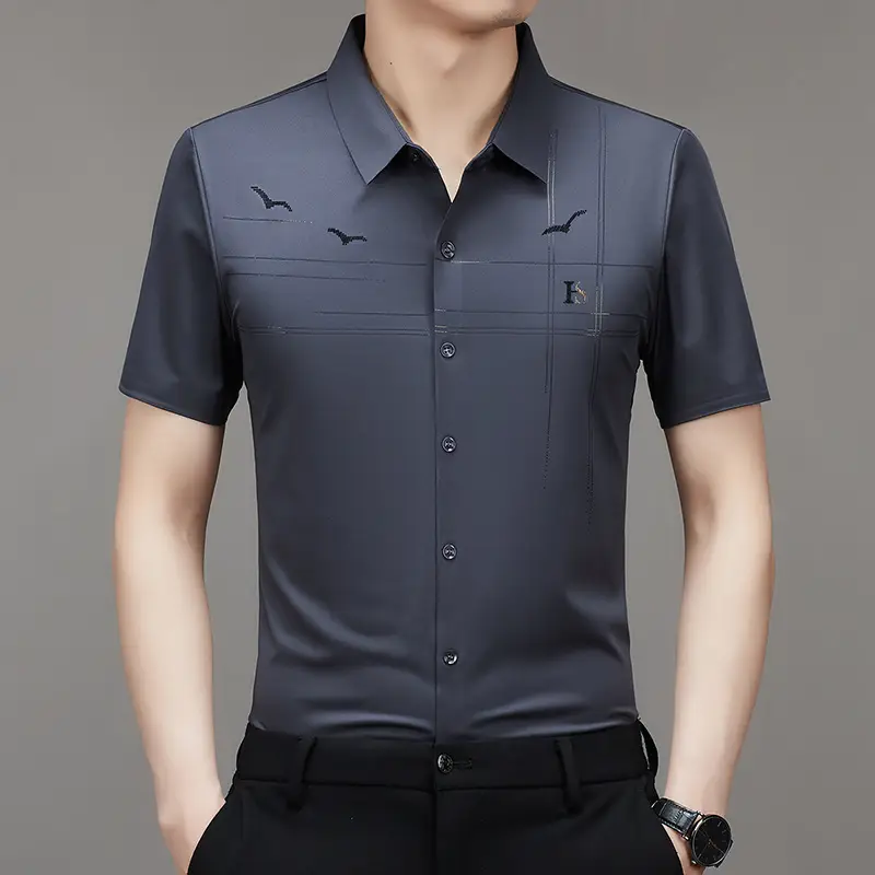 Men's Light Blue Printed Lapel Shirt Short Sleeve - Image 13