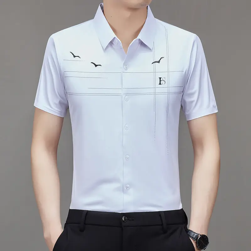 Men's Light Blue Printed Lapel Shirt Short Sleeve - Image 14