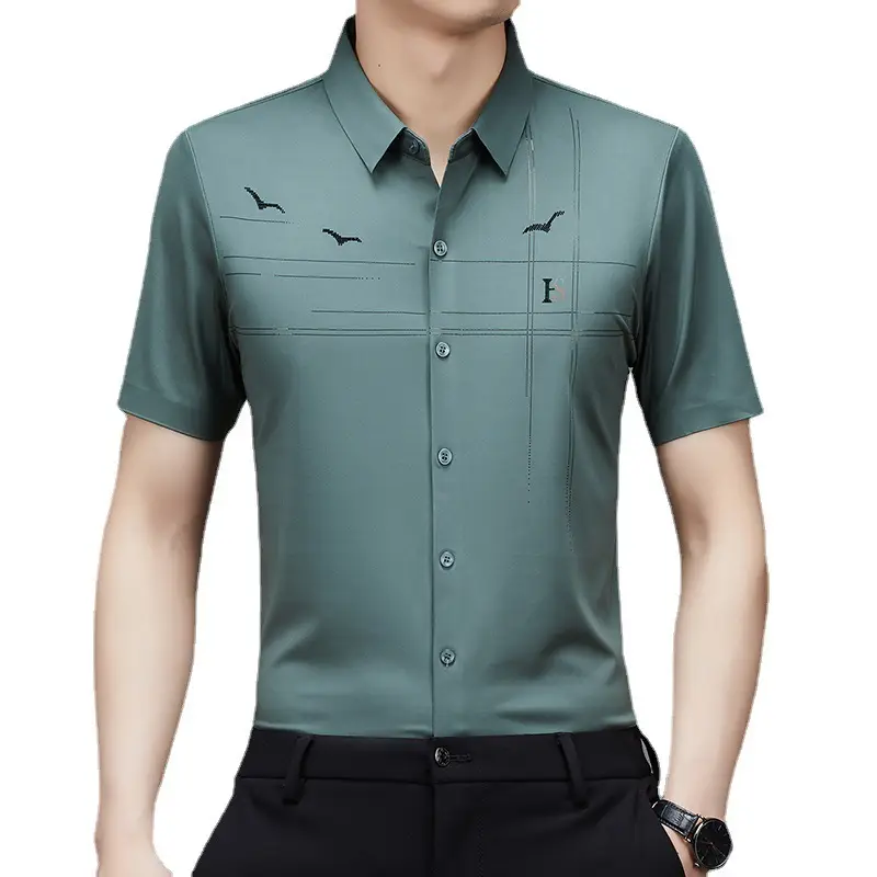 Men's Light Blue Printed Lapel Shirt Short Sleeve - Image 16