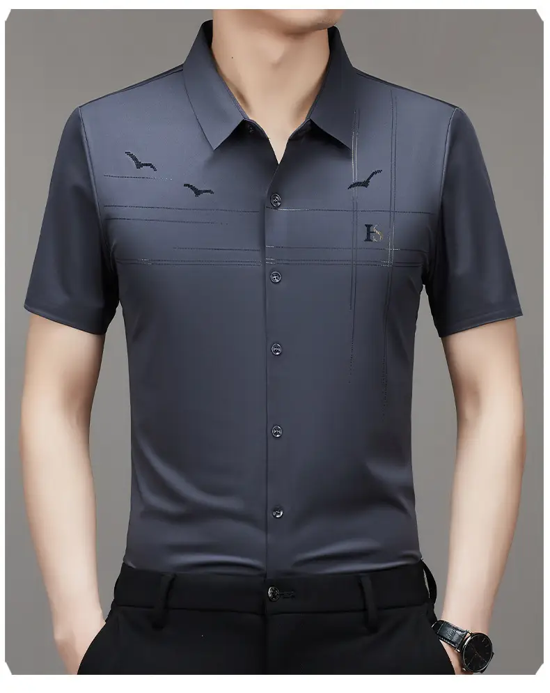 Men's Light Blue Printed Lapel Shirt Short Sleeve — feature 13