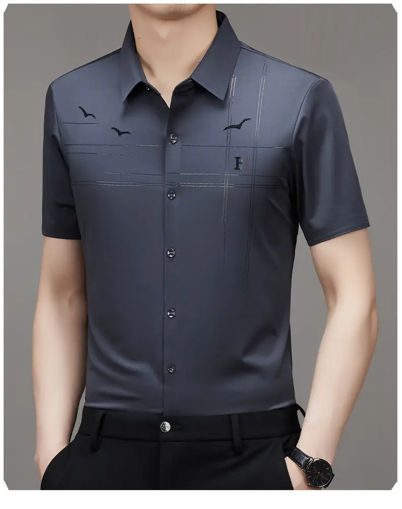 Men's Light Blue Printed Lapel Shirt Short Sleeve — feature 14