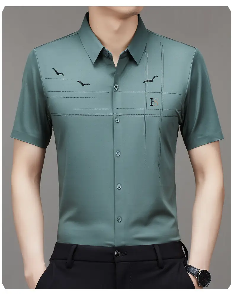 Men's Light Blue Printed Lapel Shirt Short Sleeve — feature 15