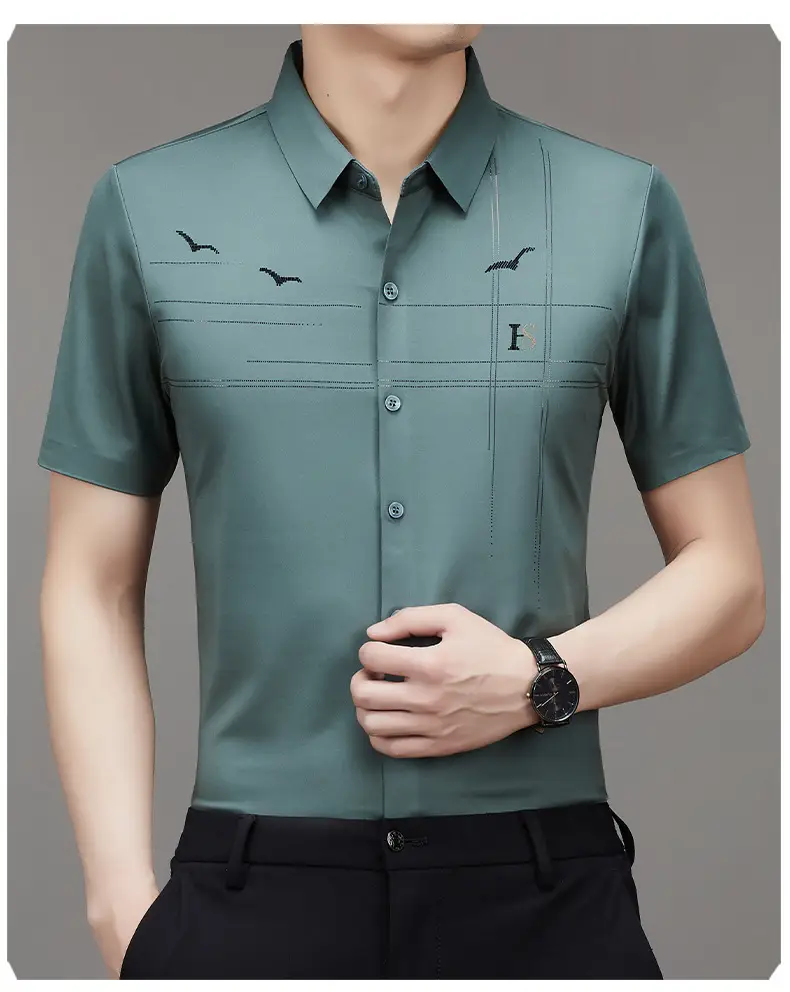 Men's Light Blue Printed Lapel Shirt Short Sleeve — feature 16