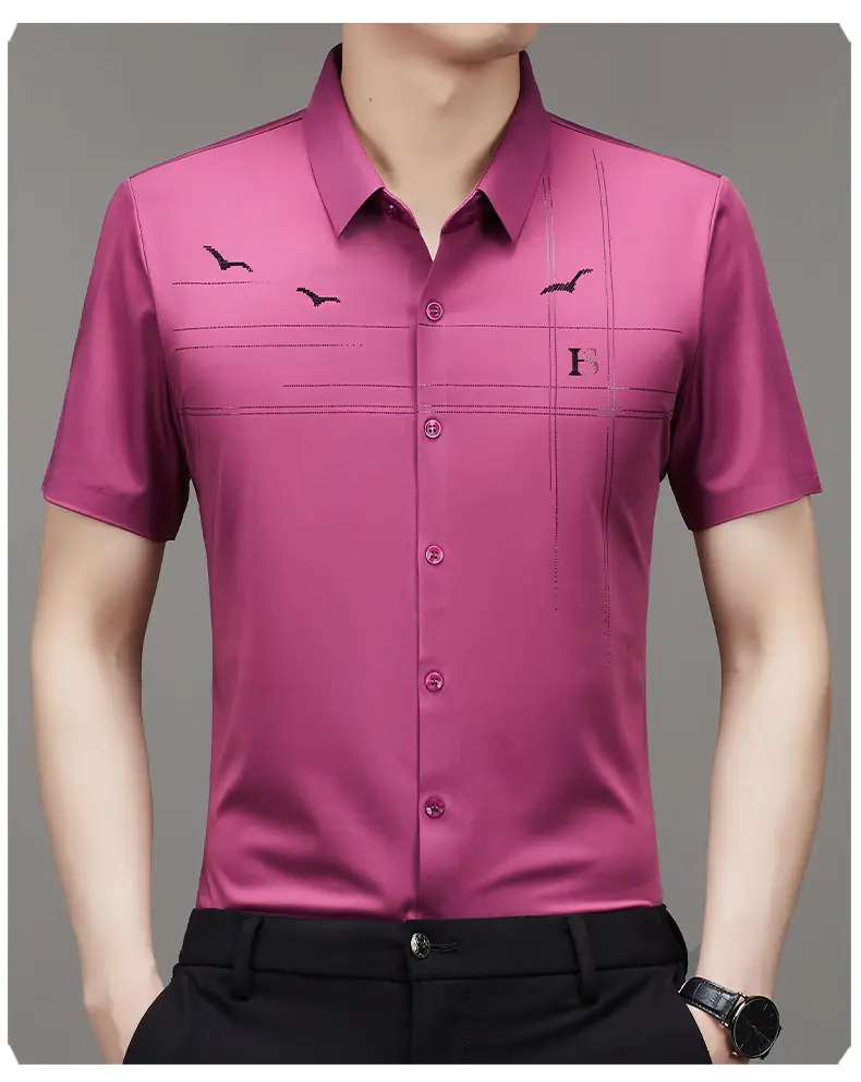 Men's Light Blue Printed Lapel Shirt Short Sleeve — feature 17
