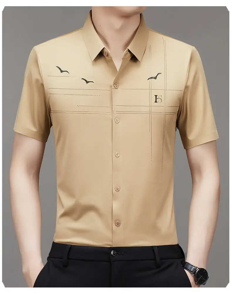 Men's Light Blue Printed Lapel Shirt Short Sleeve — feature 19