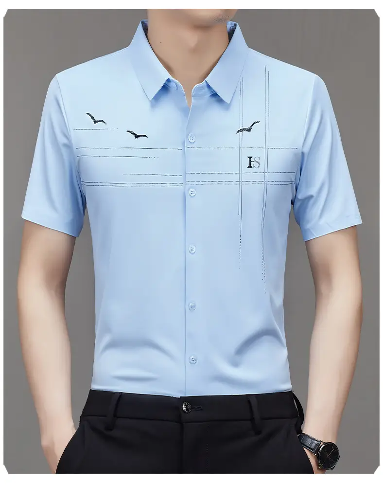 Men's Light Blue Printed Lapel Shirt Short Sleeve — feature 21