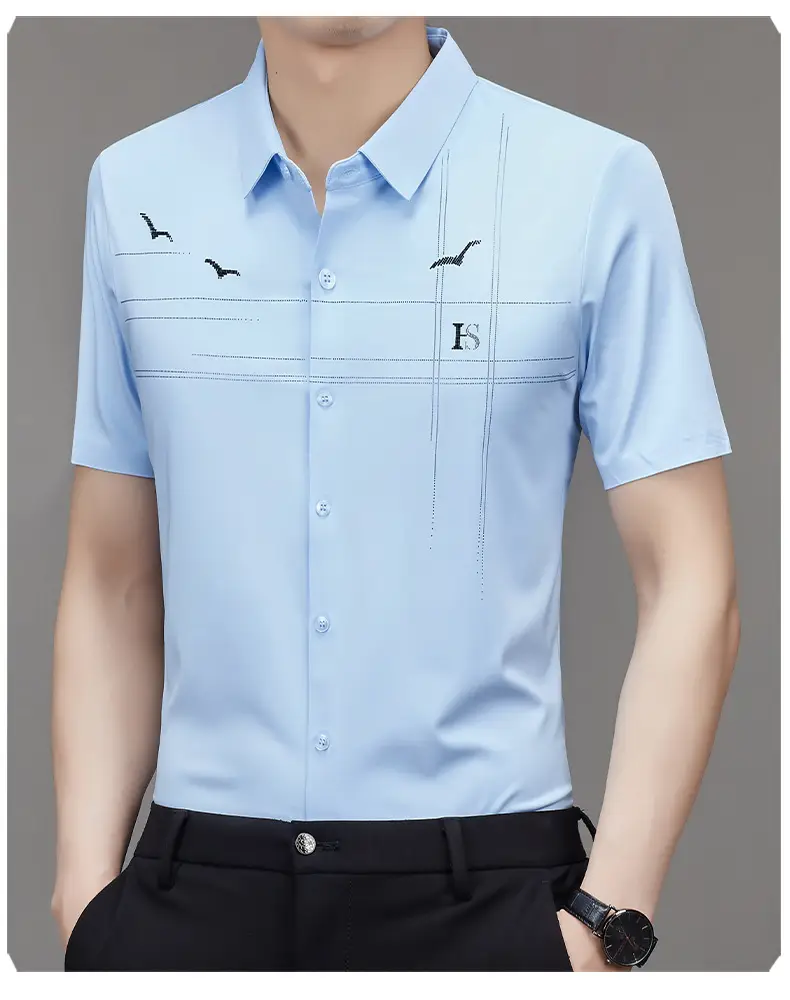 Men's Light Blue Printed Lapel Shirt Short Sleeve — feature 22