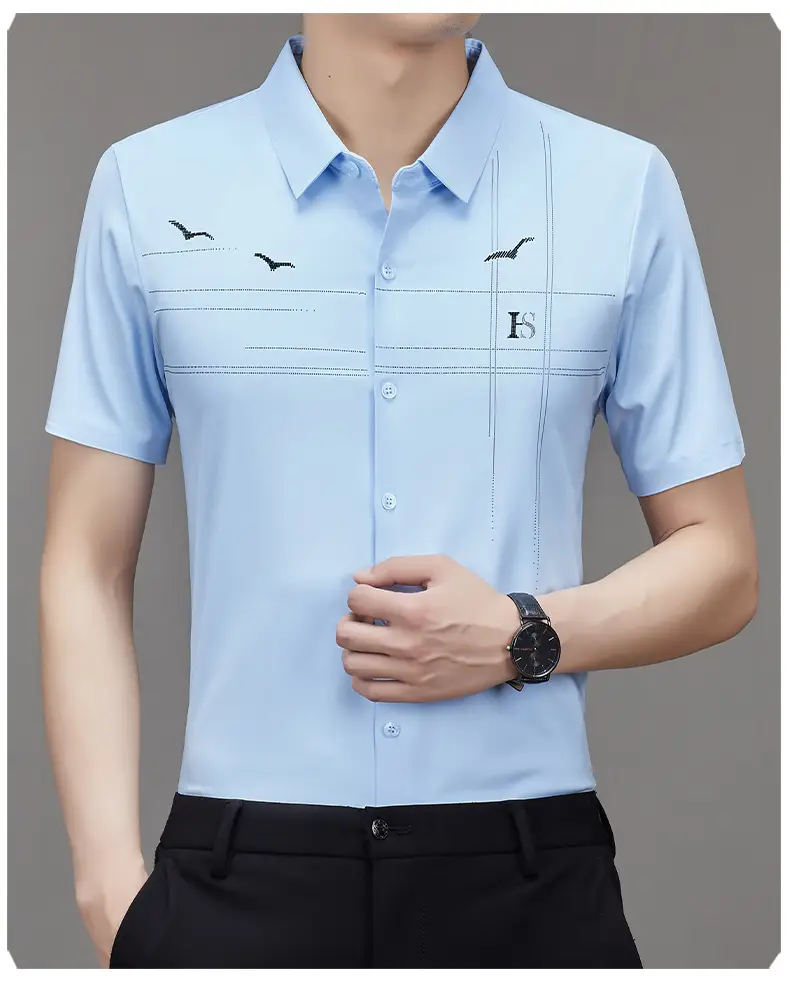 Men's Light Blue Printed Lapel Shirt Short Sleeve — feature 23