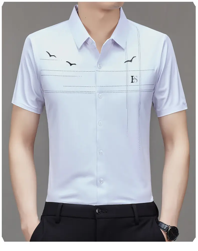 Men's Light Blue Printed Lapel Shirt Short Sleeve — feature 24