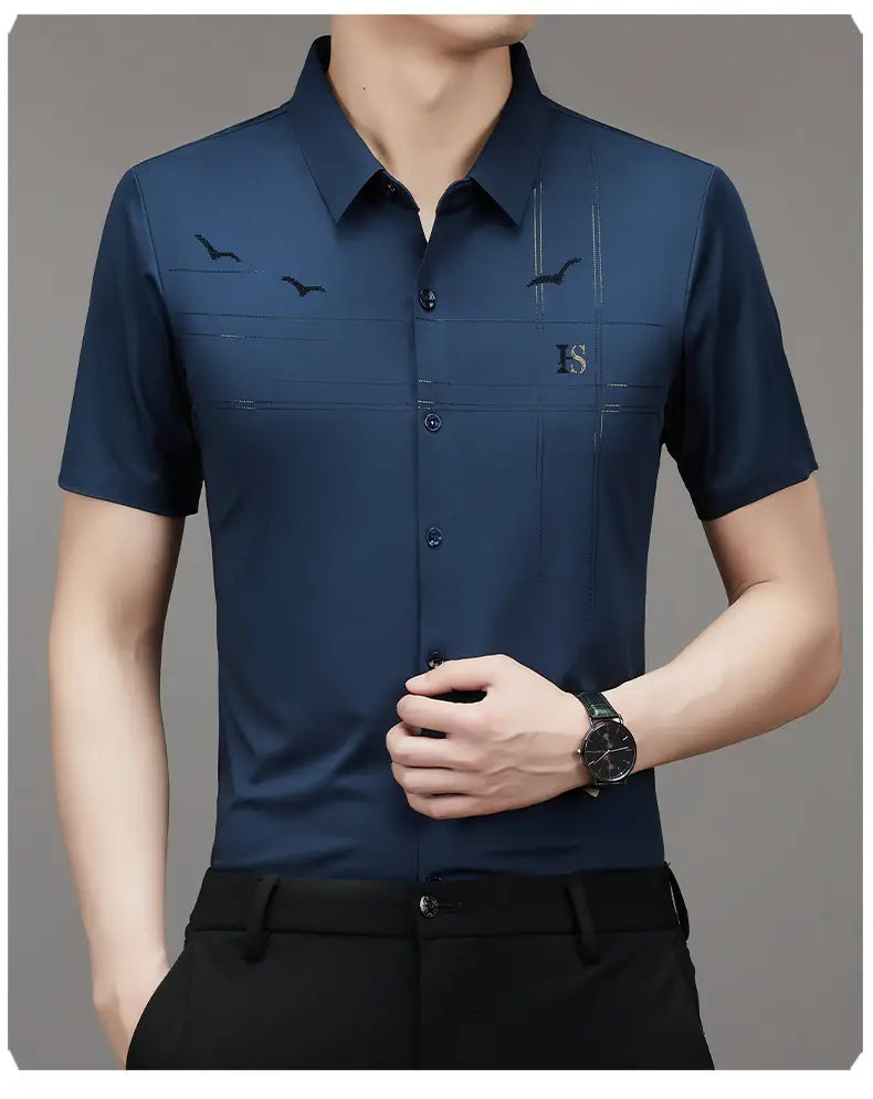 Men's Light Blue Printed Lapel Shirt Short Sleeve — feature 26