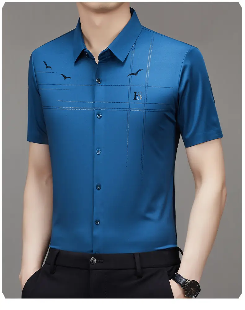 Men's Light Blue Printed Lapel Shirt Short Sleeve — feature 27