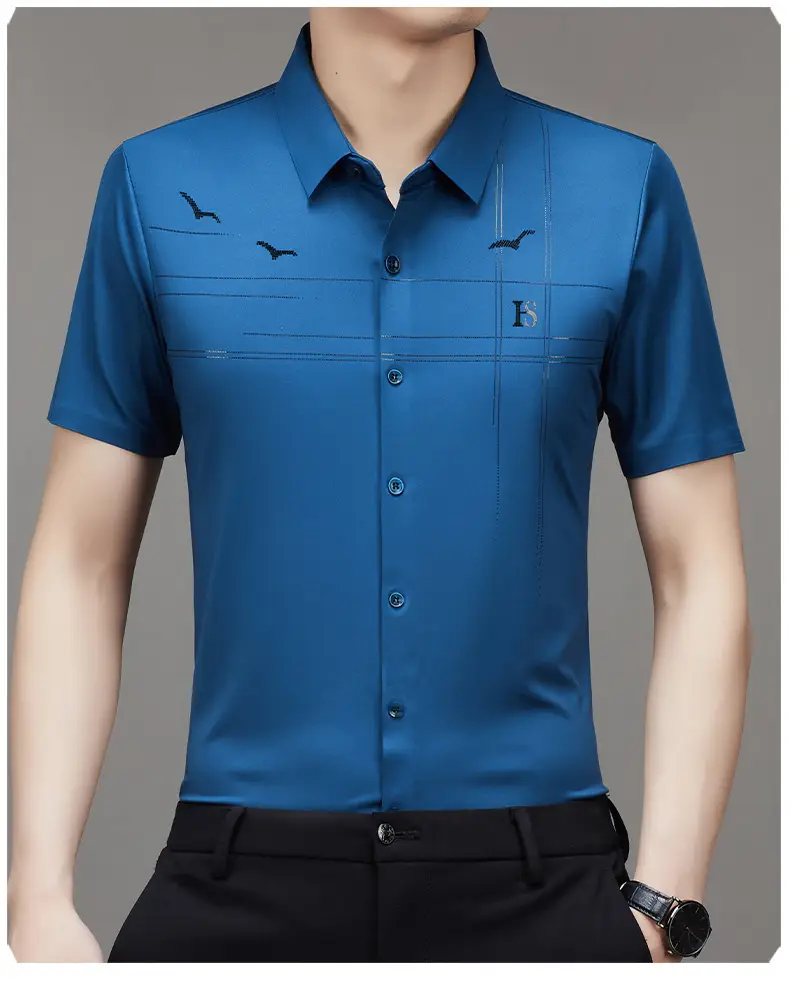 Men's Light Blue Printed Lapel Shirt Short Sleeve — feature 28