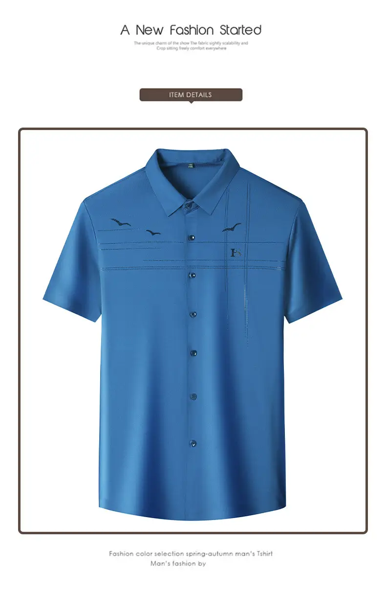 Men's Light Blue Printed Lapel Shirt Short Sleeve — feature 29