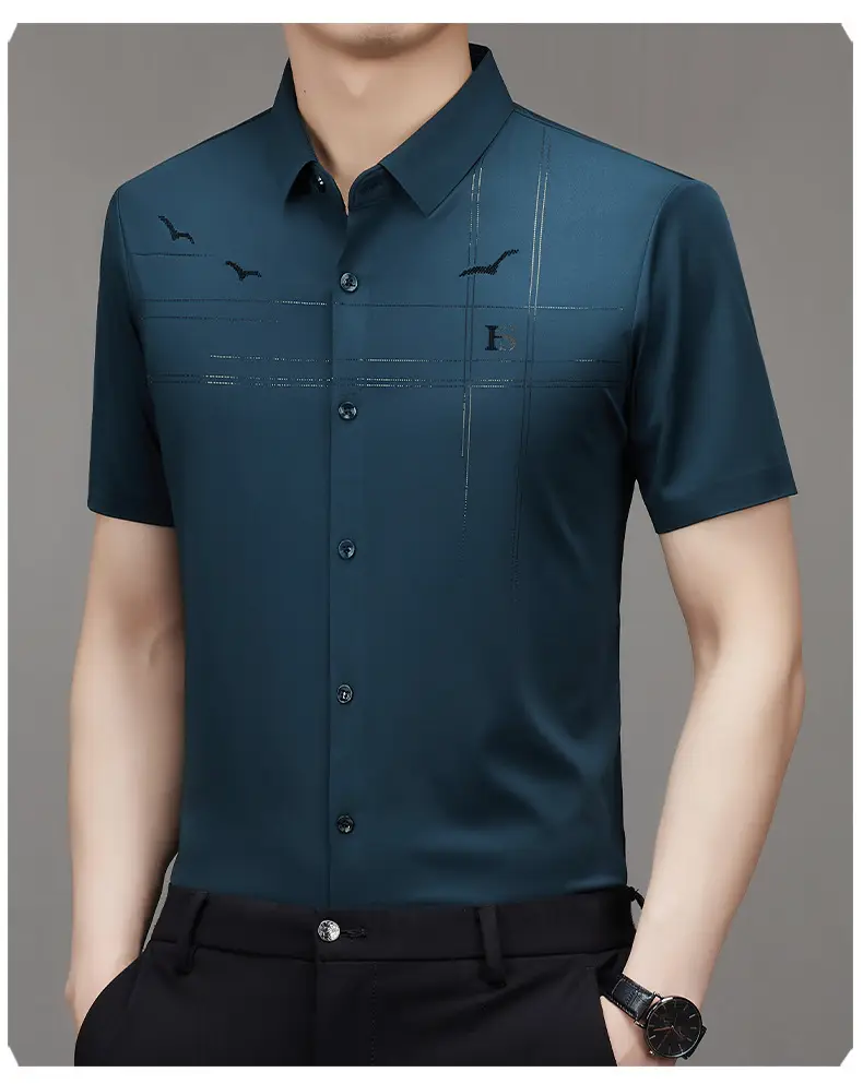 Men's Light Blue Printed Lapel Shirt Short Sleeve — feature 7