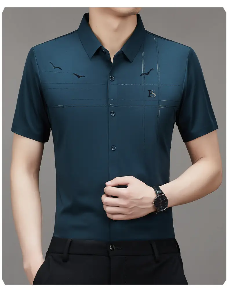Men's Light Blue Printed Lapel Shirt Short Sleeve — feature 8