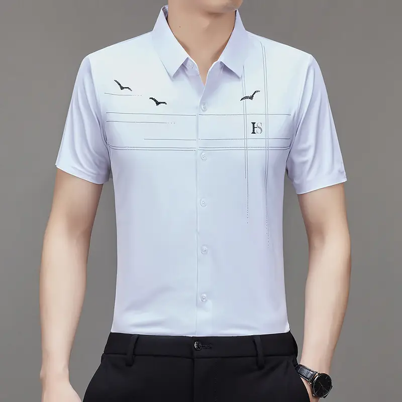 Men's Light Blue Printed Lapel Shirt Short Sleeve - Image 10