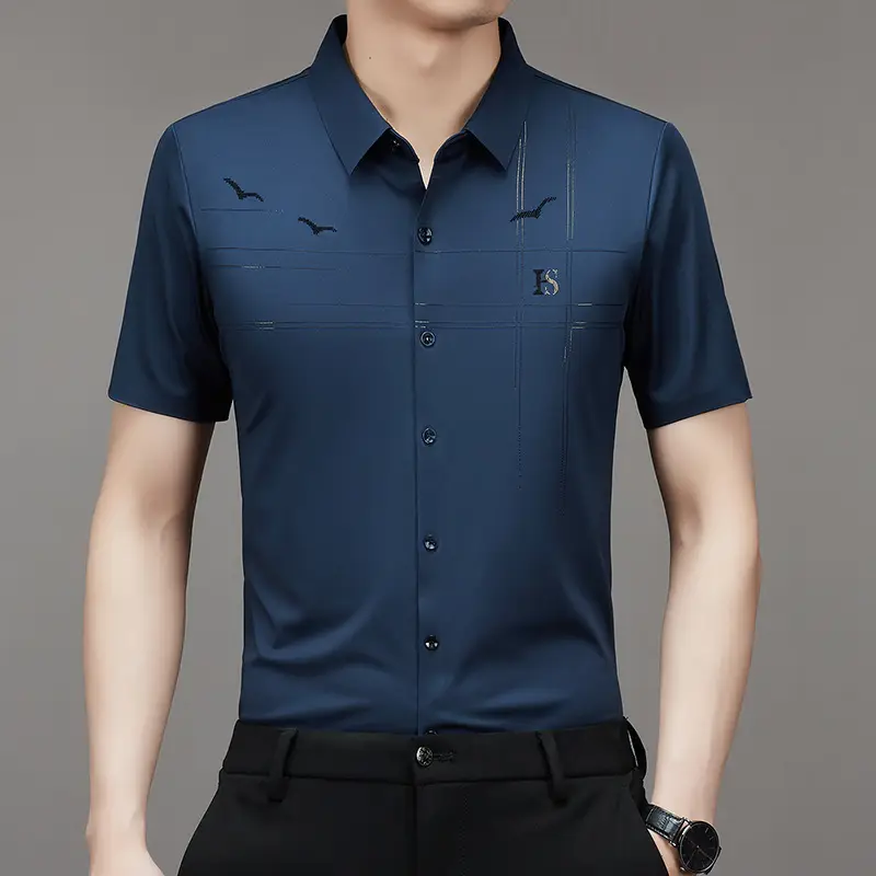 Men's Light Blue Printed Lapel Shirt Short Sleeve - Image 11