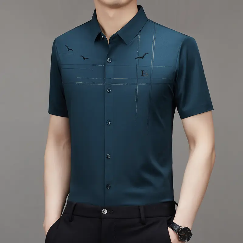 Men's Light Blue Printed Lapel Shirt Short Sleeve - Image 2