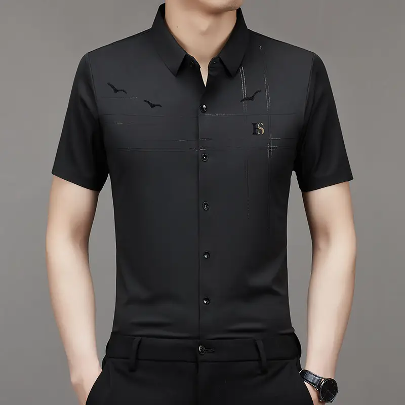 Men's Light Blue Printed Lapel Shirt Short Sleeve - Image 3