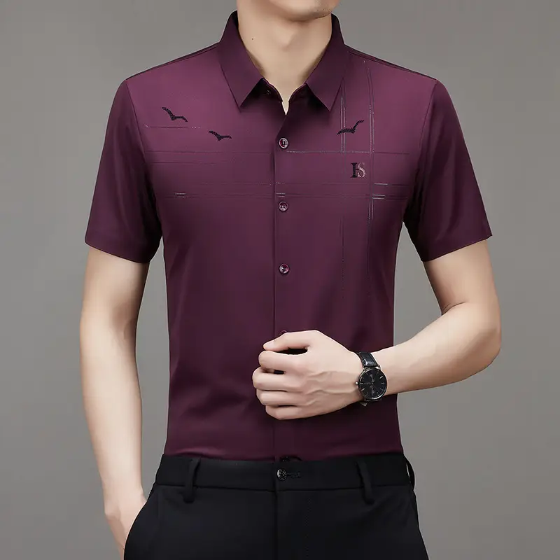 Men's Light Blue Printed Lapel Shirt Short Sleeve - Image 4