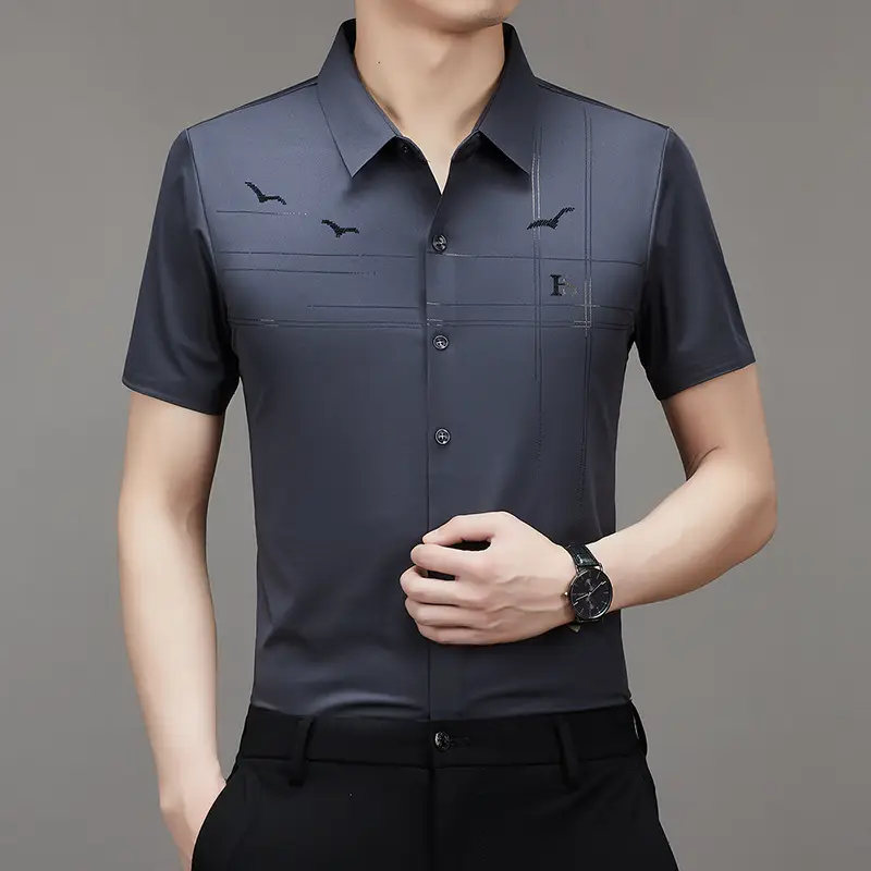 Men's Light Blue Printed Lapel Shirt Short Sleeve - Image 5