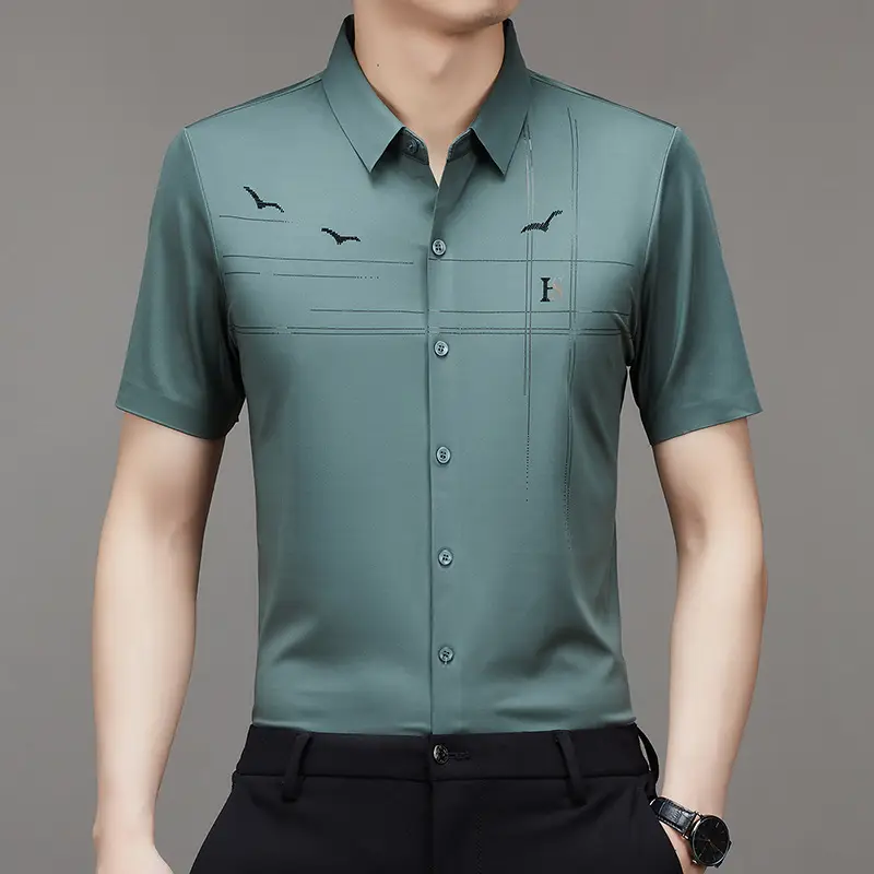 Men's Light Blue Printed Lapel Shirt Short Sleeve - Image 6