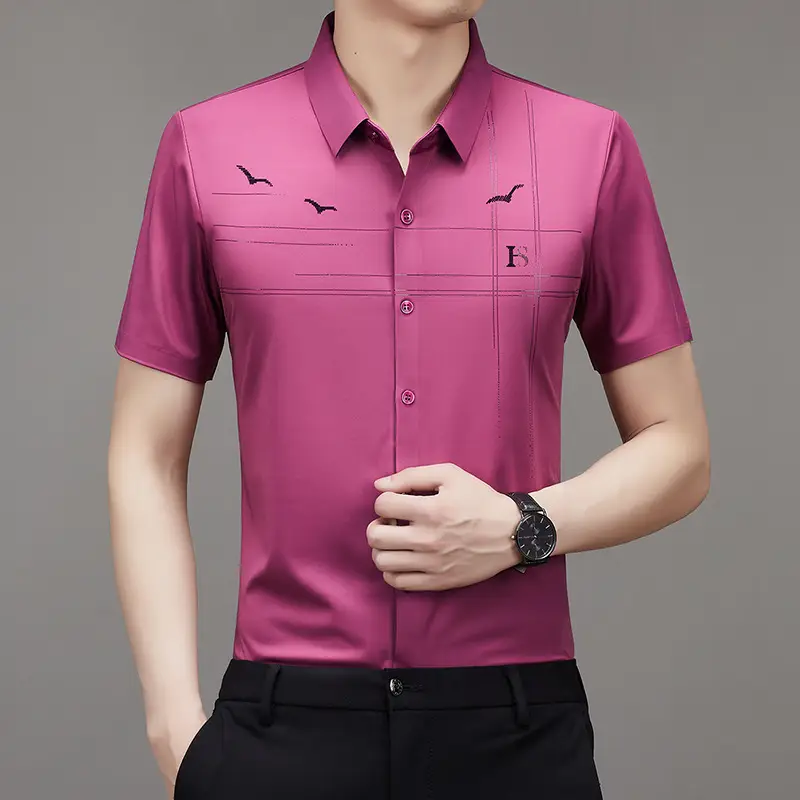 Men's Light Blue Printed Lapel Shirt Short Sleeve - Image 7
