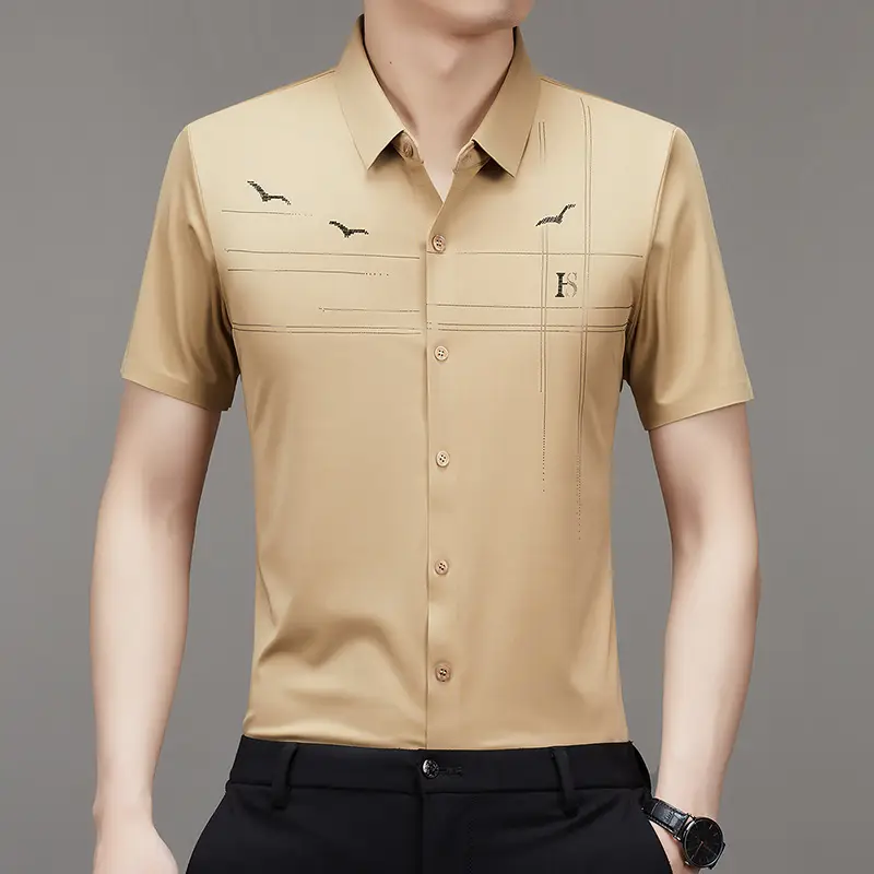 Men's Light Blue Printed Lapel Shirt Short Sleeve - Image 8
