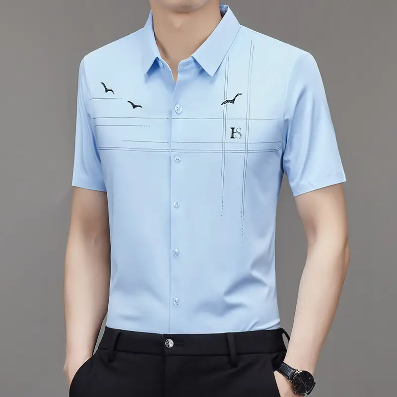 Men's Light Blue Printed Lapel Shirt Short Sleeve - Image 9