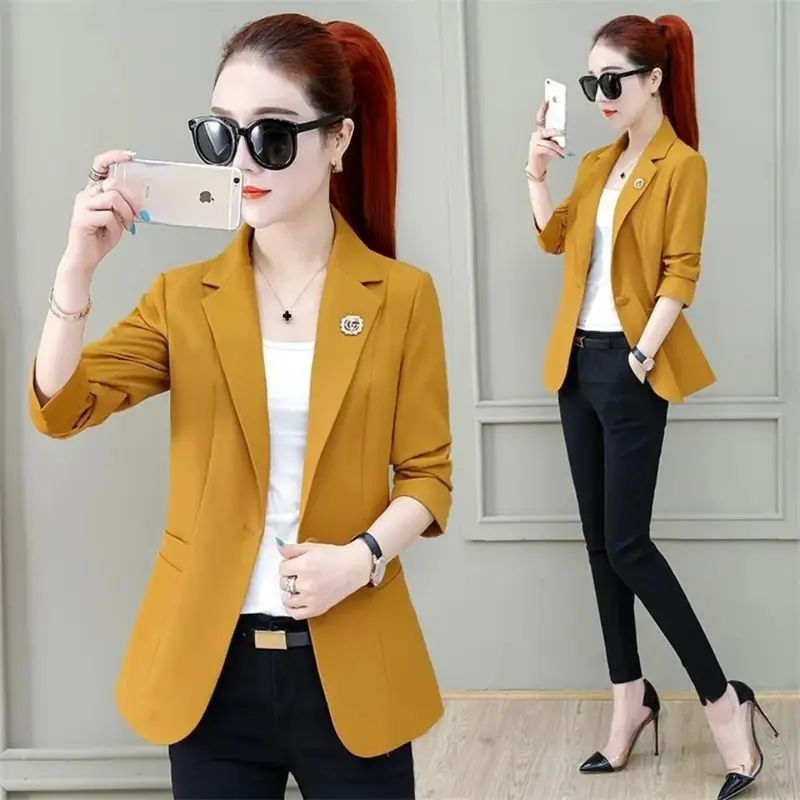 Women's 2025 Summer Thin Collar Suit Jacket Yellow Black - Image 4