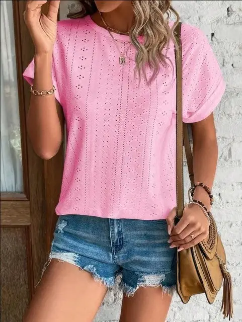 Women's Lavender Eyelet Short Sleeve Top - Image 14