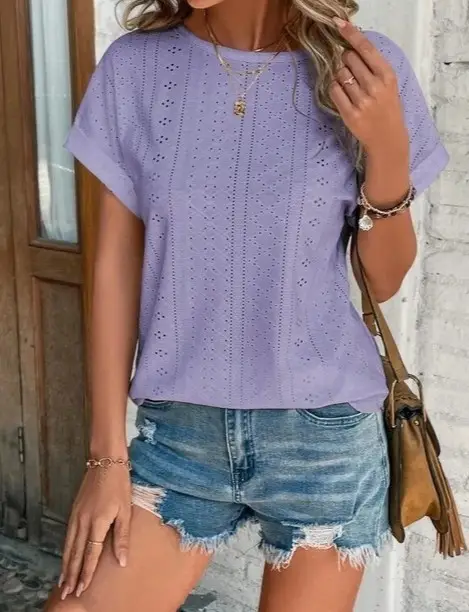 Women's Lavender Eyelet Short Sleeve Top — feature 4