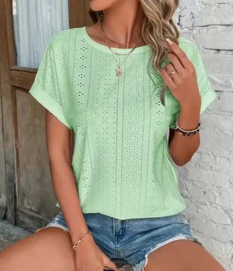 Women's Lavender Eyelet Short Sleeve Top — feature 7
