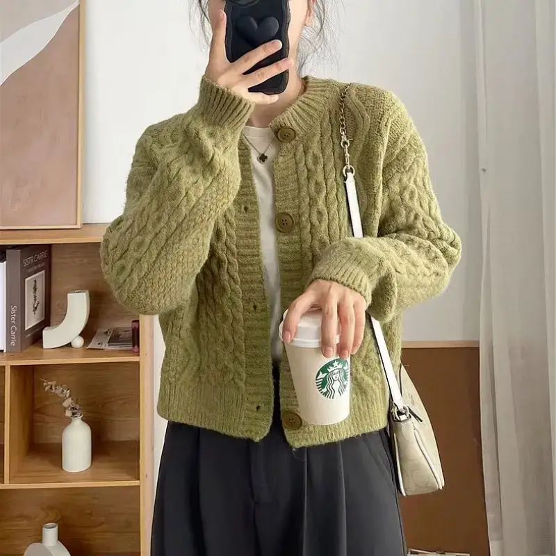 Women Korean Style Knitted Cardigan Jacket Beige - Image 13
