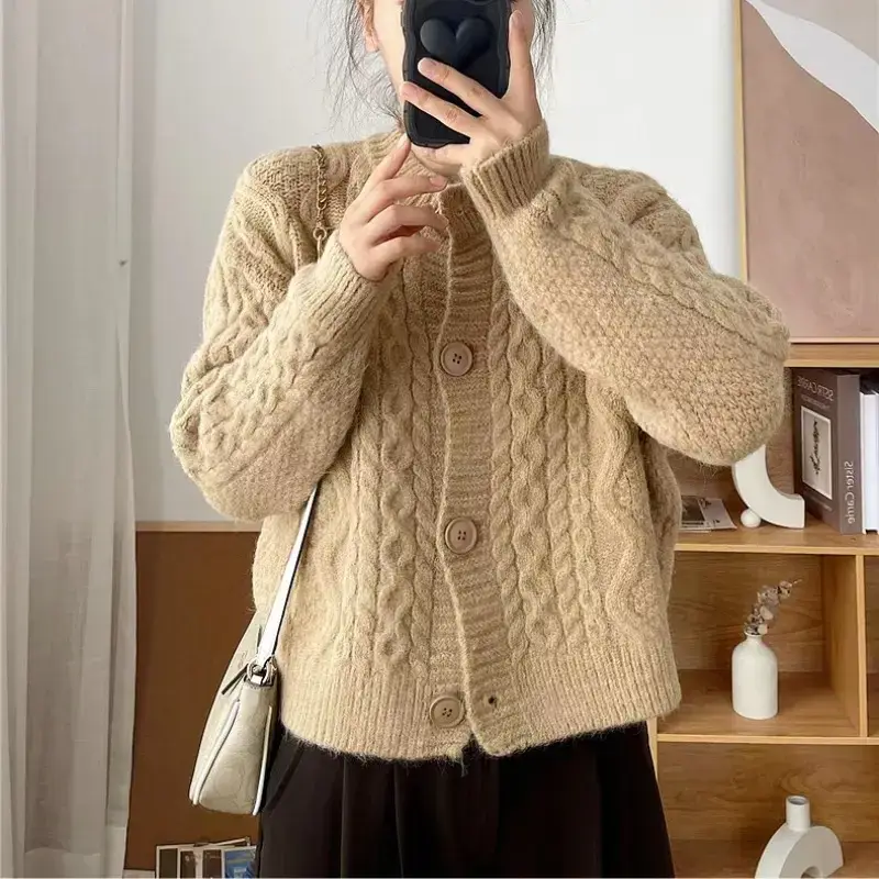 Women Korean Style Knitted Cardigan Jacket Beige - Image 10