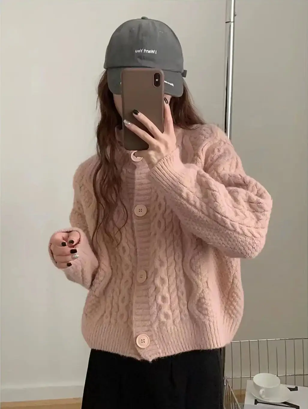 Women Korean Style Knitted Cardigan Jacket Beige - Image 2