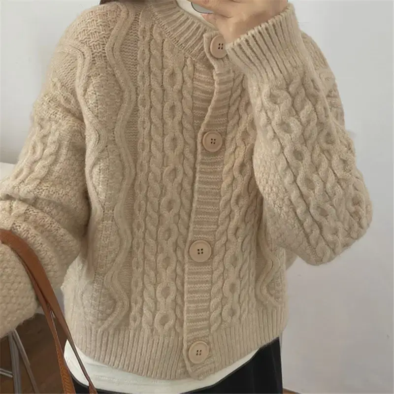 Women Korean Style Knitted Cardigan Jacket Beige - Image 3